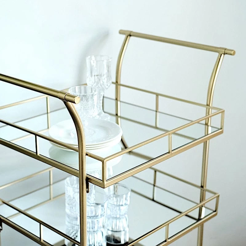 3 Feet Gold 3-Tier Rectangle Metal Bar Cart With Mirror Glass Serving Trays - Image 8