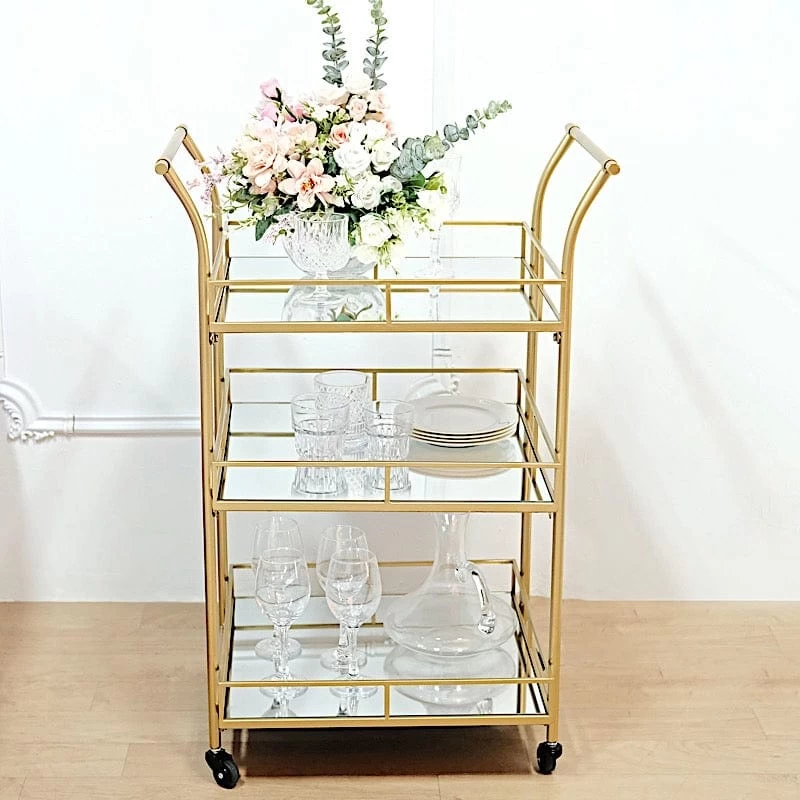 3 Feet Gold 3-Tier Rectangle Metal Bar Cart With Mirror Glass Serving Trays