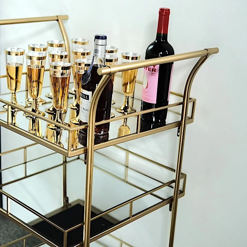 3 Feet Gold 3-Tier Rectangle Metal Bar Cart With Mirror Glass Serving Trays - Image 4