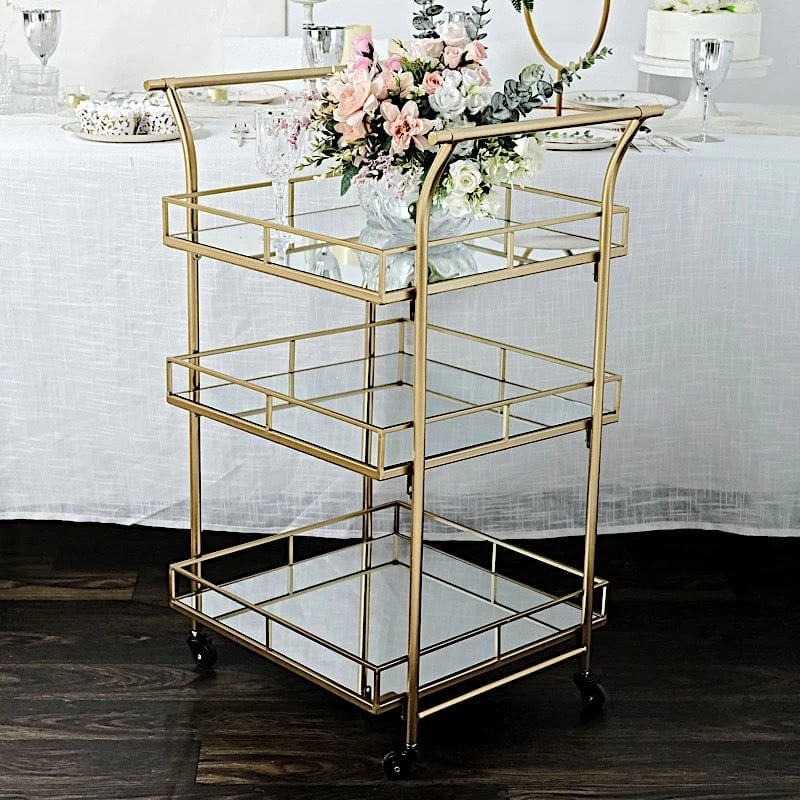 3 Feet Gold 3-Tier Rectangle Metal Bar Cart With Mirror Glass Serving Trays - Image 3