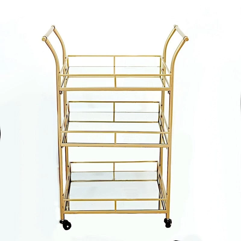 3 Feet Gold 3-Tier Rectangle Metal Bar Cart With Mirror Glass Serving Trays - Image 13