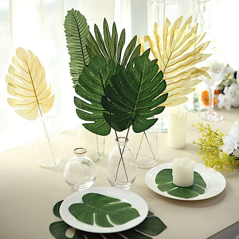 28 Green And Gold Assorted Silk Leaves Artificial Palm And Tropical Monstera Stems - Image 5