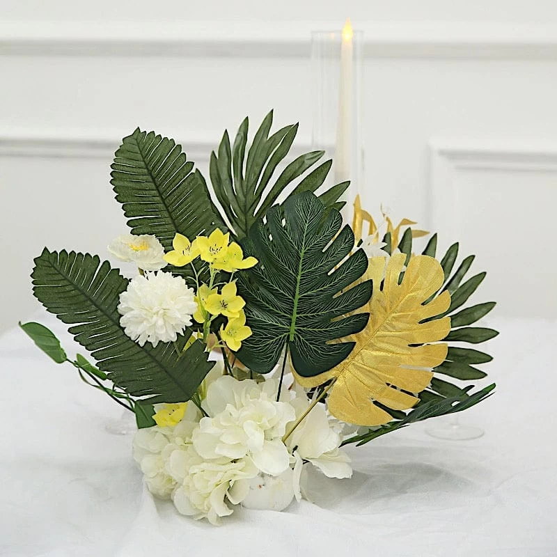 28 Green And Gold Assorted Silk Leaves Artificial Palm And Tropical Monstera Stems - Image 6