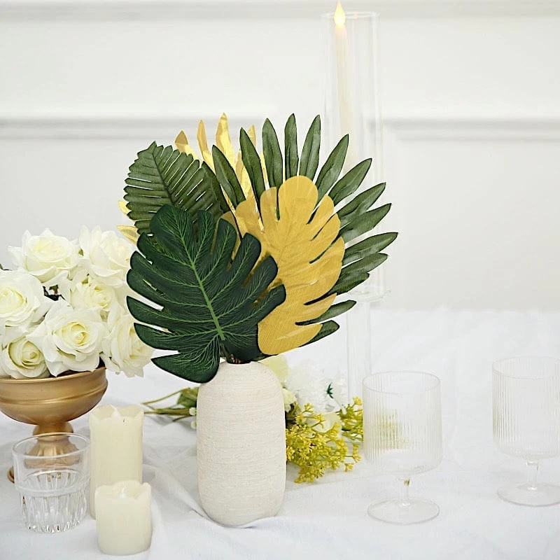 28 Green And Gold Assorted Silk Leaves Artificial Palm And Tropical Monstera Stems - Image 8