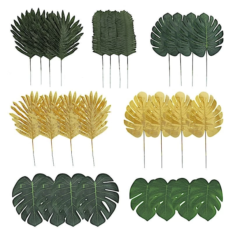 28 Green And Gold Assorted Silk Leaves Artificial Palm And Tropical Monstera Stems - Image 9