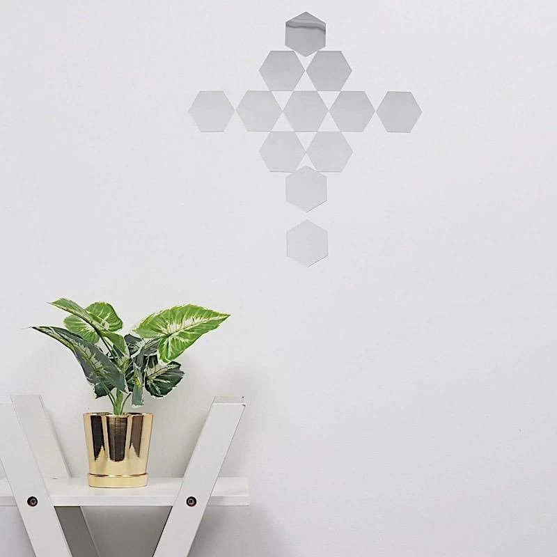 12 Silver Hexagon Mirror Stickers Acrylic Removable Wall Decals