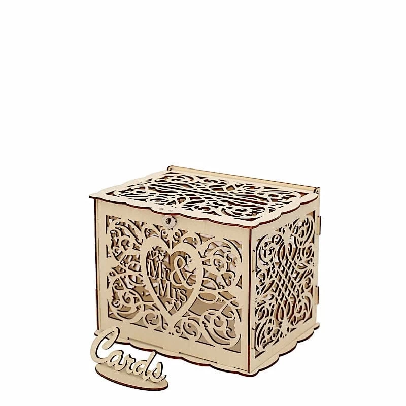 Natural Wood Mr & Mrs Laser Cut Wedding Gift Money Card Box With Sign Stand - Image 9