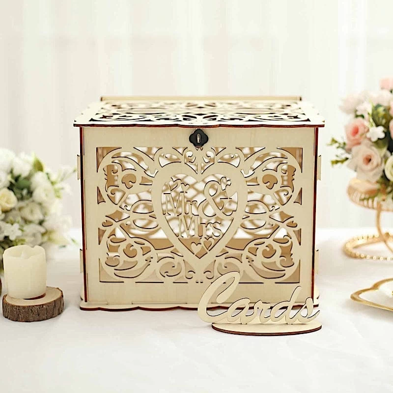 Natural Wood Mr & Mrs Laser Cut Wedding Gift Money Card Box With Sign Stand - Image 3