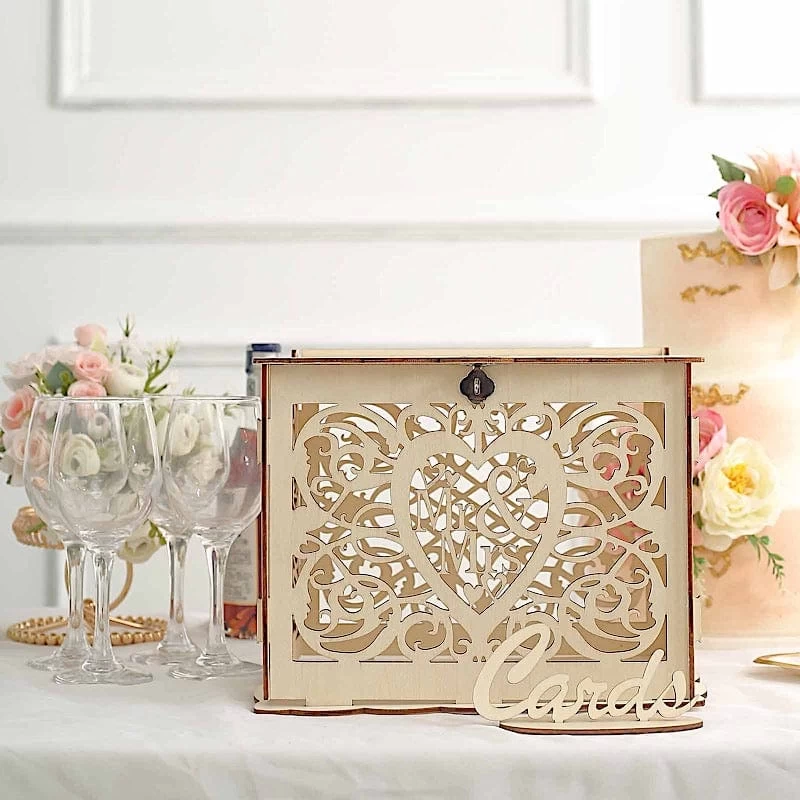 Natural Wood Mr & Mrs Laser Cut Wedding Gift Money Card Box With Sign Stand - Image 2