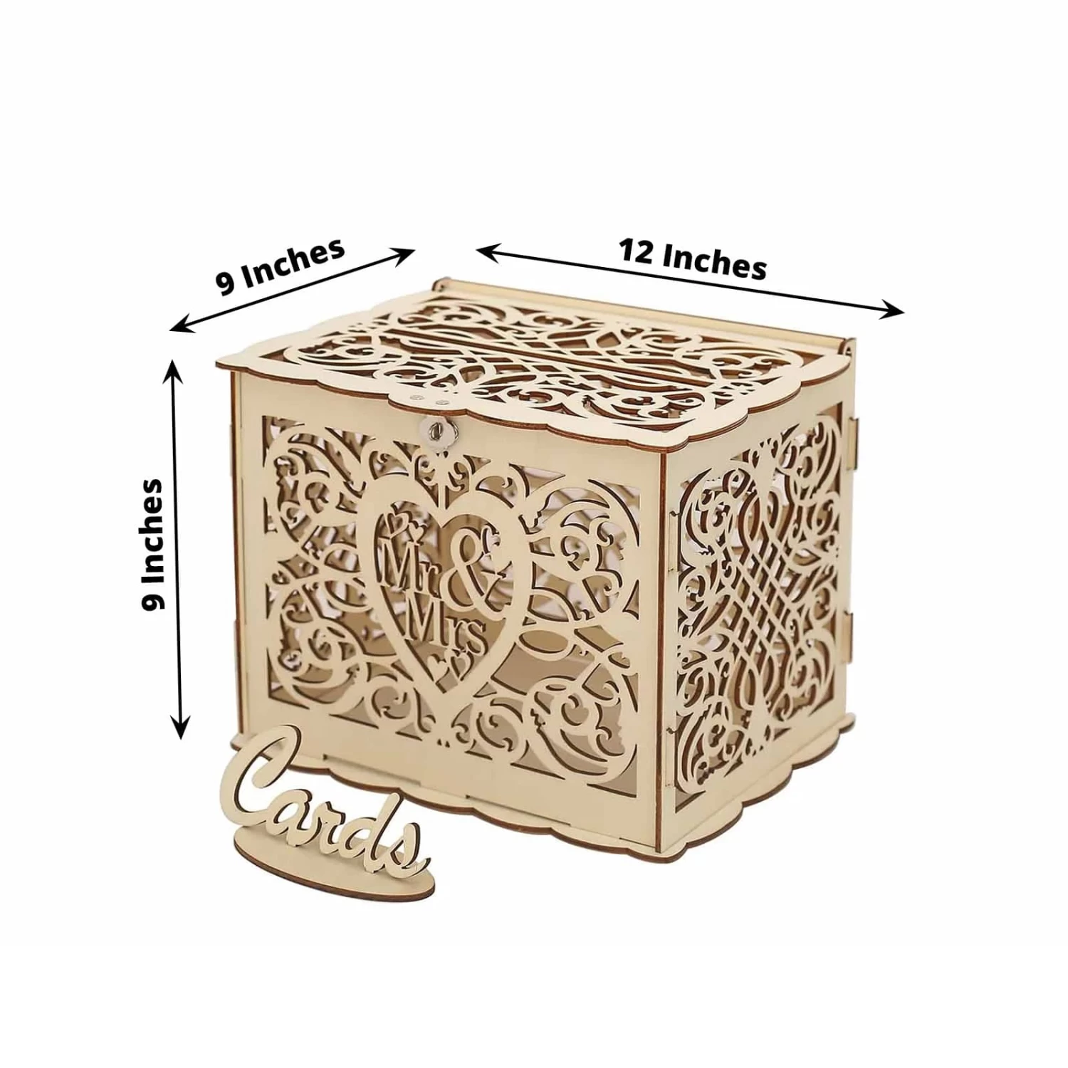 Natural Wood Mr & Mrs Laser Cut Wedding Gift Money Card Box With Sign Stand - Image 6