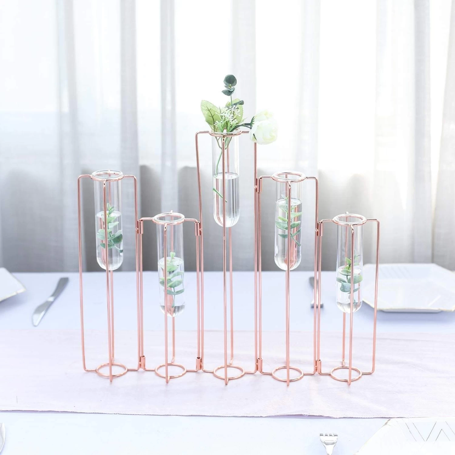 19 In Long 5 Jointed Geometric Flower Vase Holders With Glass Test Tubes