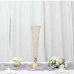 2 Metal 28 In Tall Crystal Beaded Metal Trumpet Vases Centerpieces