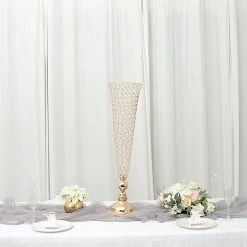 2 Metal 32 In Tall Crystal Beaded Metal Trumpet Vases Centerpieces