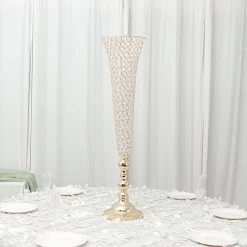 2 Metal 40 In Tall Crystal Beaded Metal Trumpet Vases Centerpieces