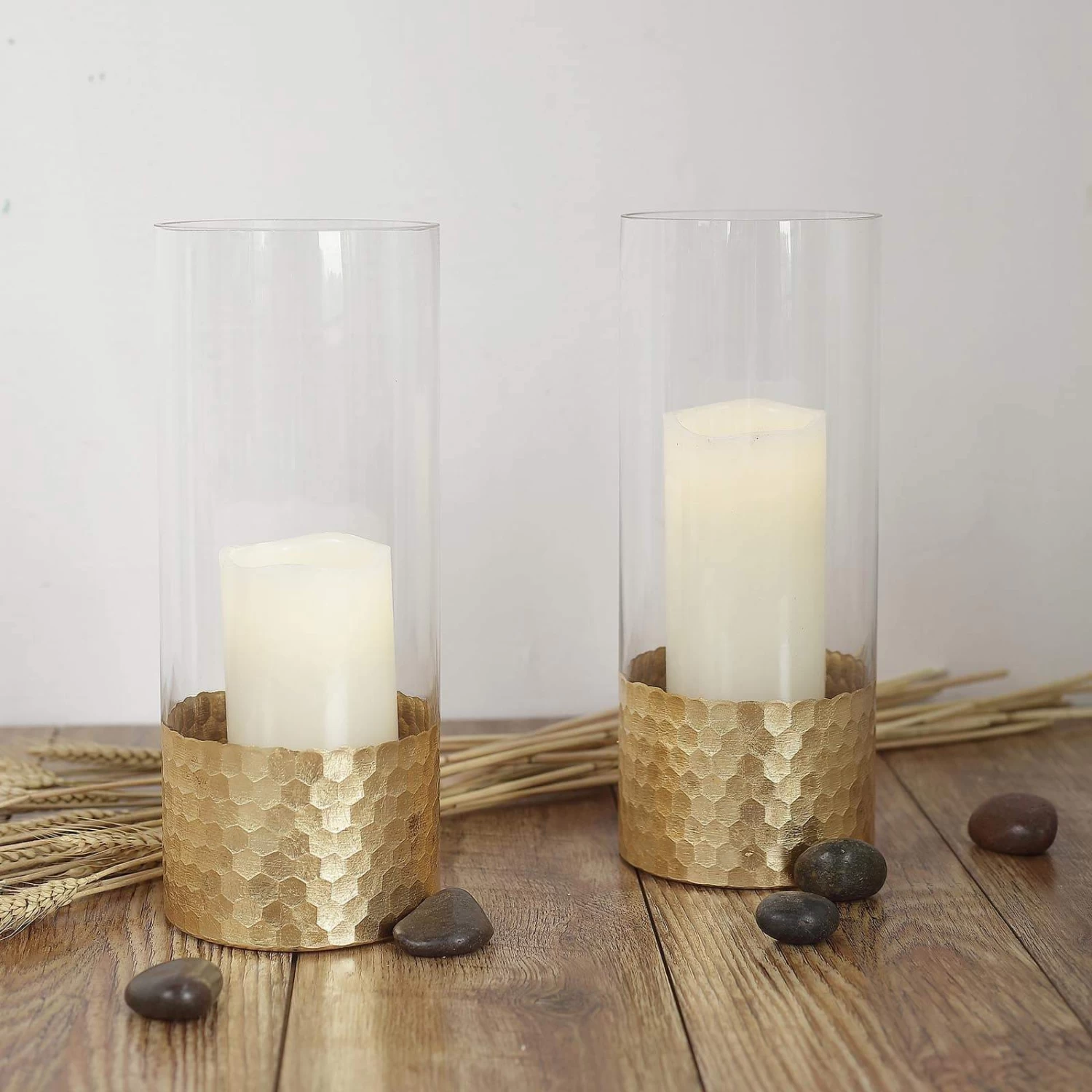 2 Pcs 12 In Tall Clear With Gold Honeycomb Trim Glass Cylinder Vases - Image 4