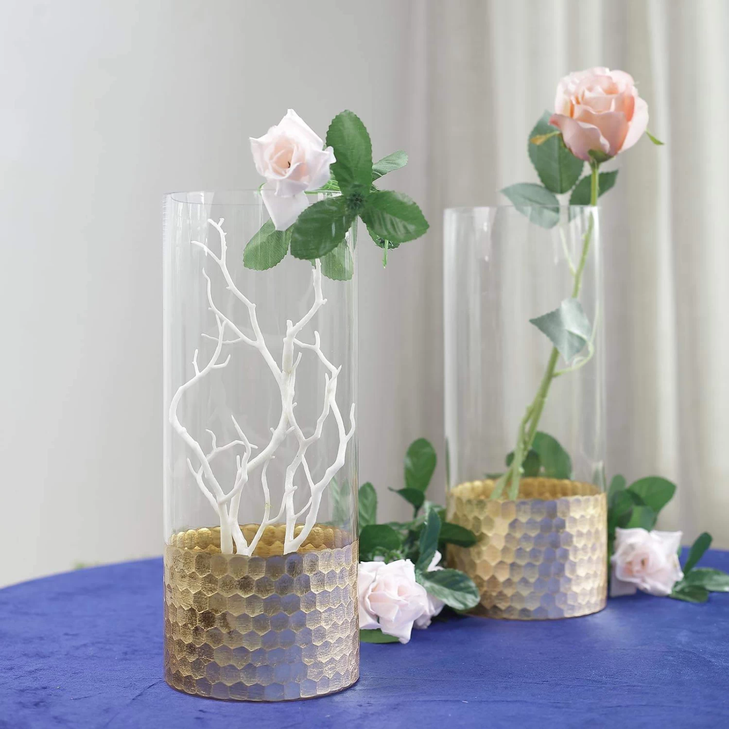 2 Pcs 12 In Tall Clear With Gold Honeycomb Trim Glass Cylinder Vases - Image 6