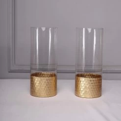 2 Pcs 12 In Tall Clear With Gold Honeycomb Trim Glass Cylinder Vases