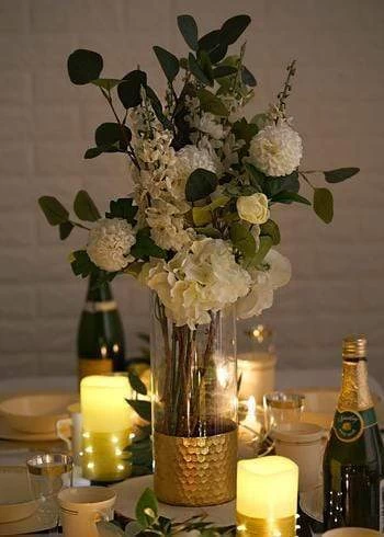 2 Pcs 12 In Tall Clear With Gold Honeycomb Trim Glass Cylinder Vases - Image 9