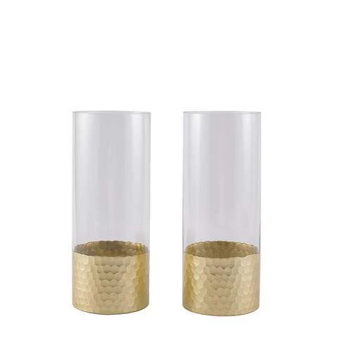 2 Pcs 12 In Tall Clear With Gold Honeycomb Trim Glass Cylinder Vases - Image 8