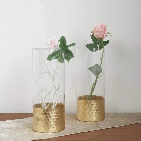 2 Pcs 12 In Tall Clear With Gold Honeycomb Trim Glass Cylinder Vases - Image 5