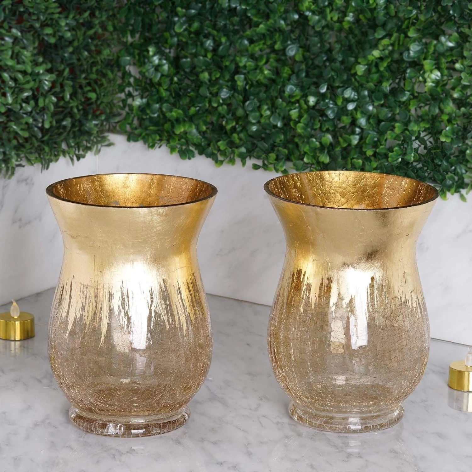 2 Pcs 8 In Tall Gold Crackle Glass Candle Holders Vases - Image 3
