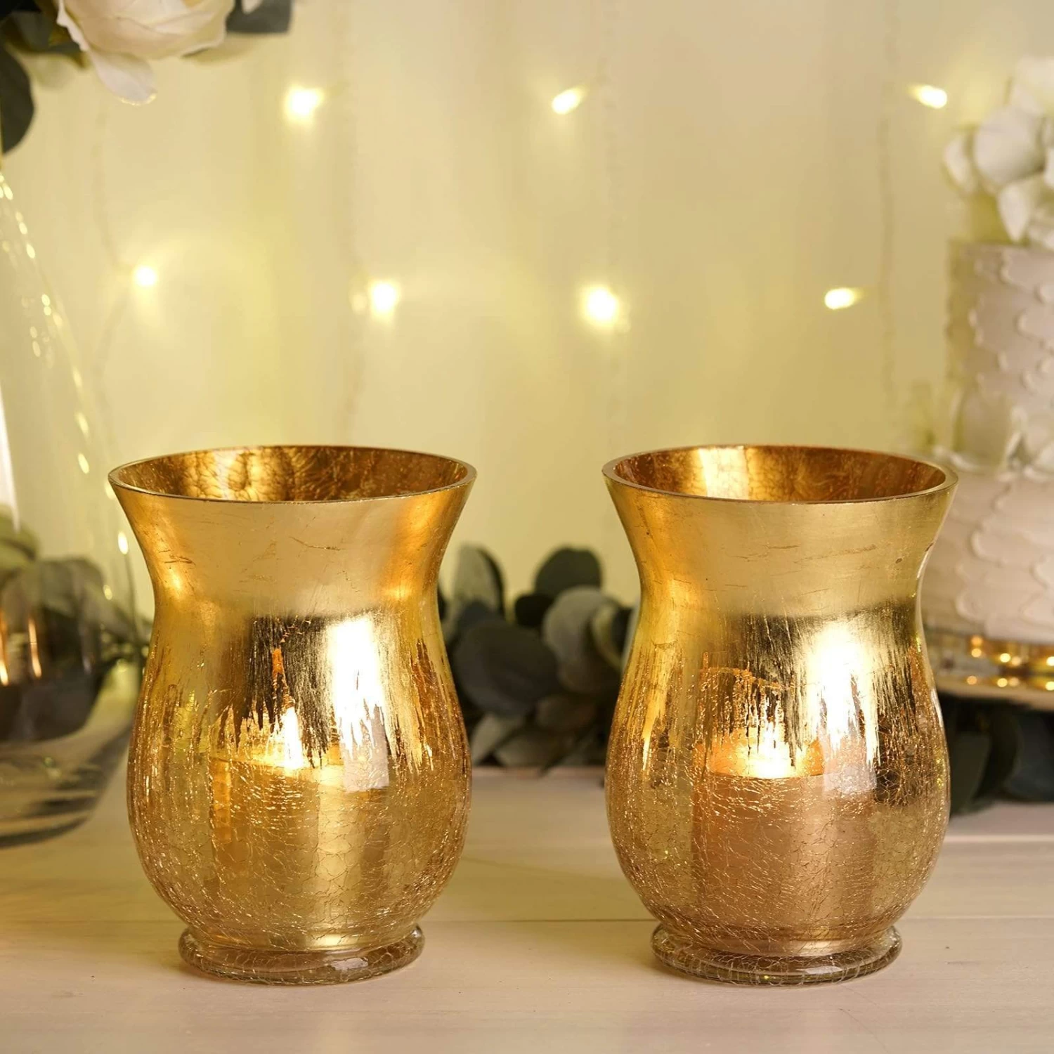 2 Pcs 8 In Tall Gold Crackle Glass Candle Holders Vases - Image 5