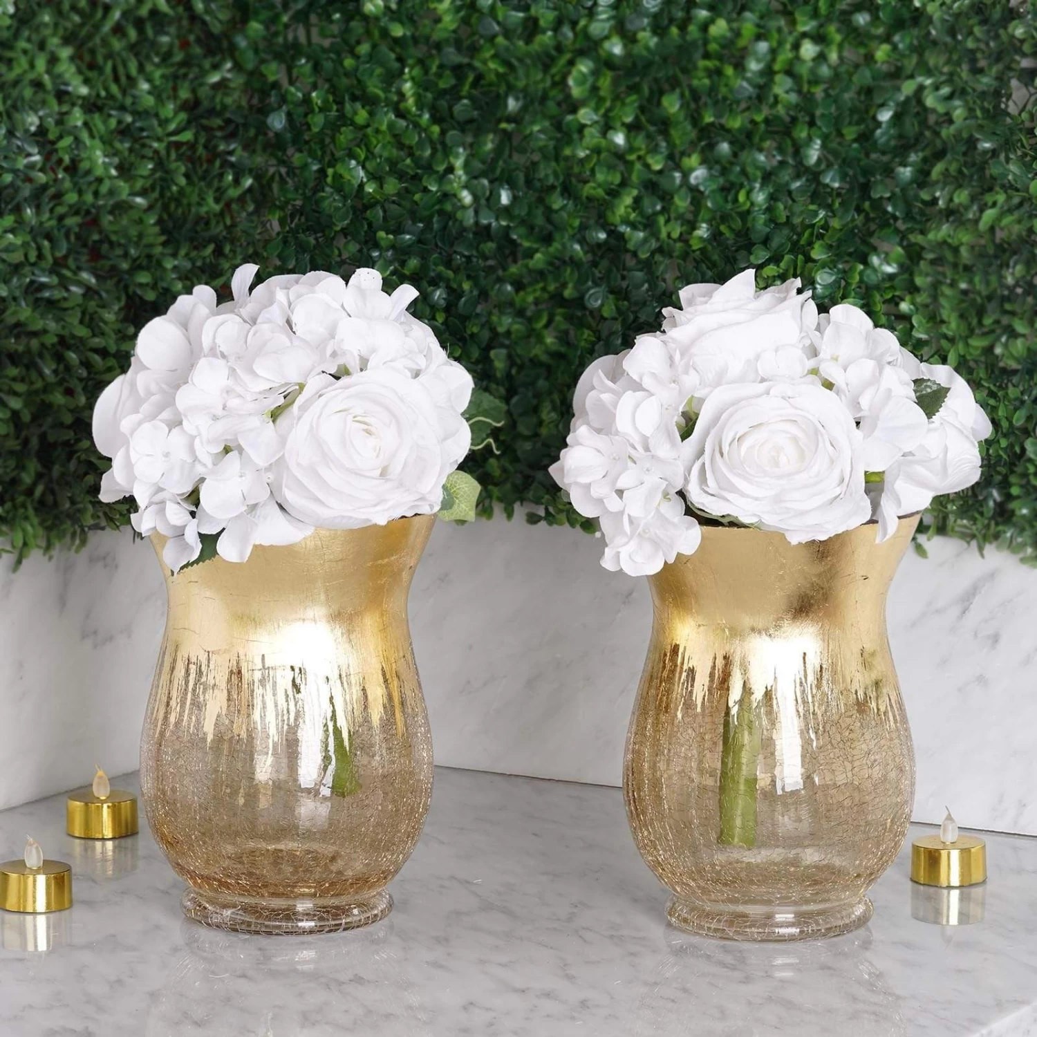 2 Pcs 8 In Tall Gold Crackle Glass Candle Holders Vases - Image 2