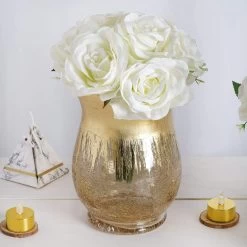 2 Pcs 8 In Tall Gold Crackle Glass Candle Holders Vases
