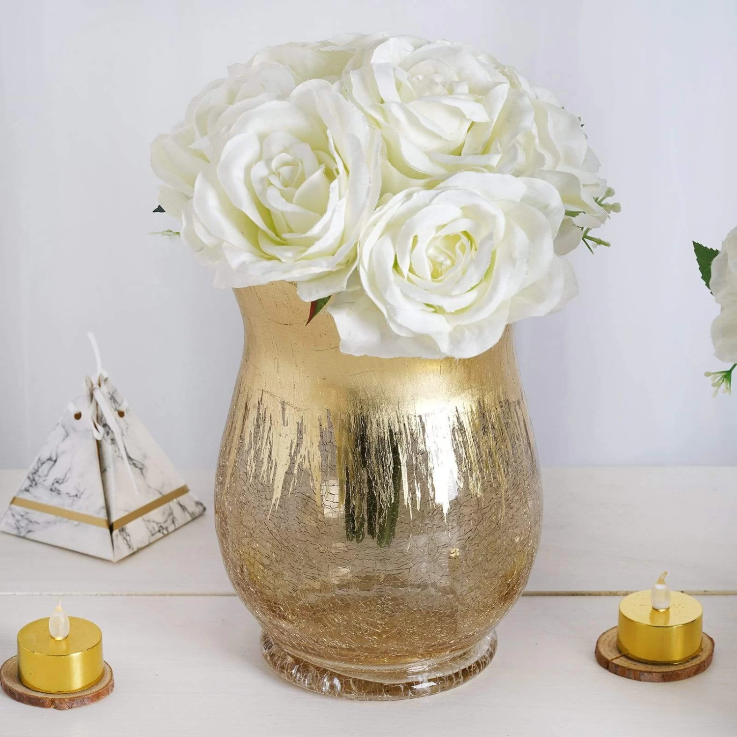 2 Pcs 8 In Tall Gold Crackle Glass Candle Holders Vases