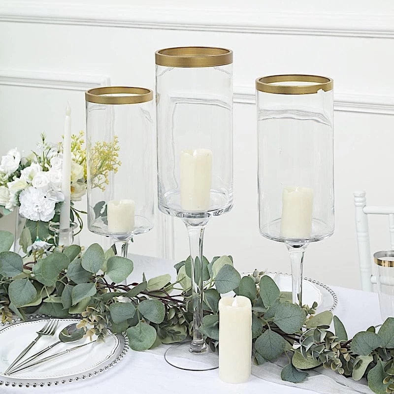 3 Clear With Gold Rim Long Stem Hurricane Glass Candle Holders - Image 4
