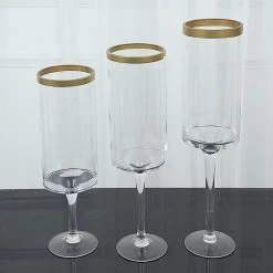 3 Clear With Gold Rim Long Stem Hurricane Glass Candle Holders