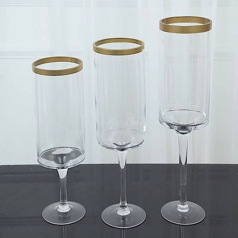 3 Clear With Gold Rim Long Stem Hurricane Glass Candle Holders
