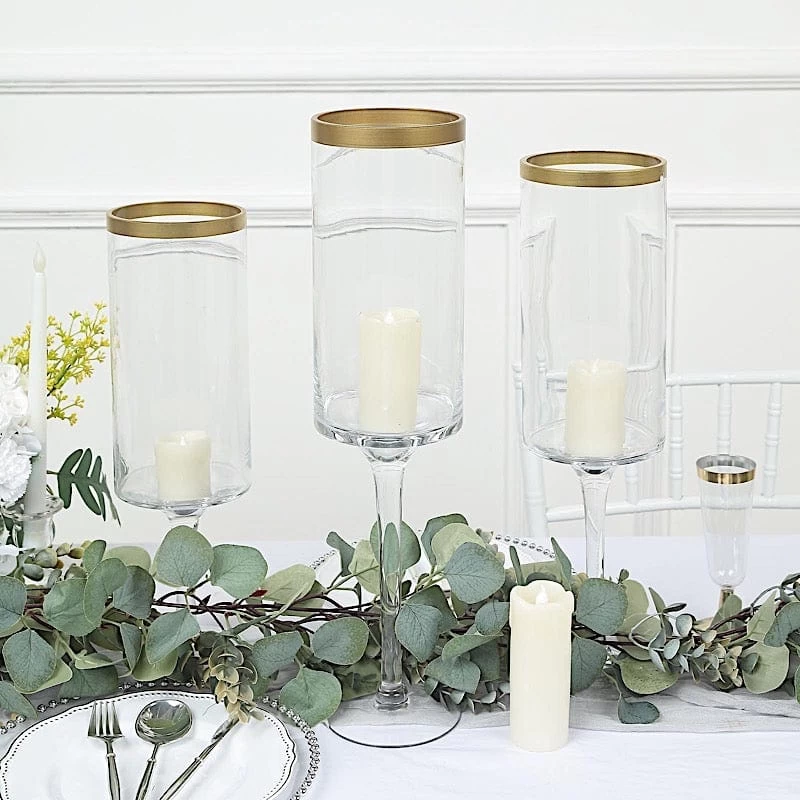 3 Clear With Gold Rim Long Stem Hurricane Glass Candle Holders - Image 3