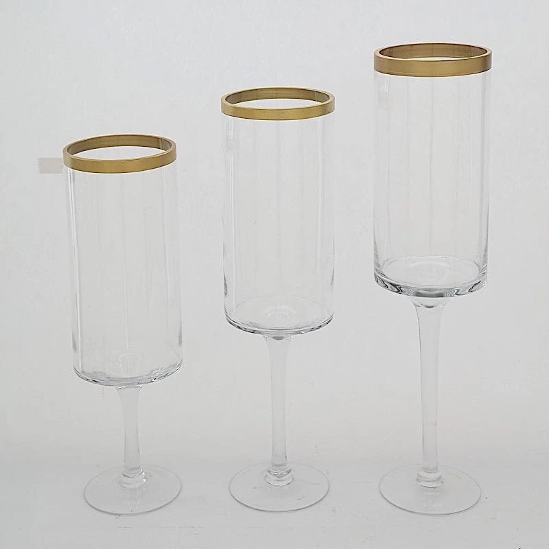 3 Clear With Gold Rim Long Stem Hurricane Glass Candle Holders - Image 5
