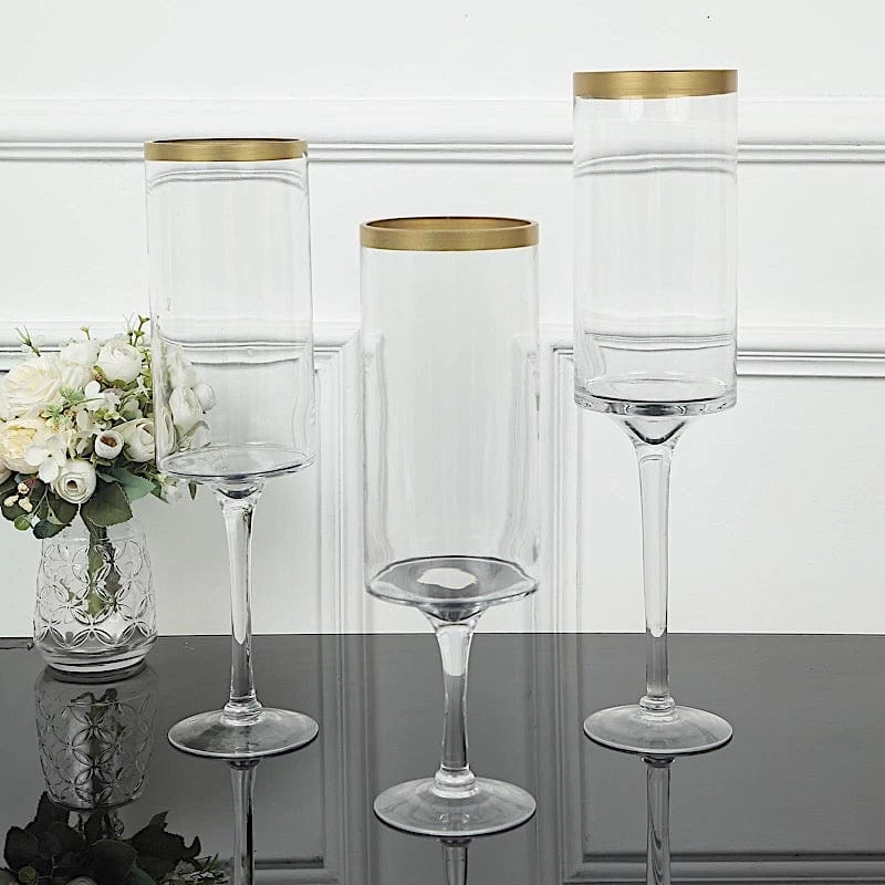 3 Clear With Gold Rim Long Stem Hurricane Glass Candle Holders - Image 7