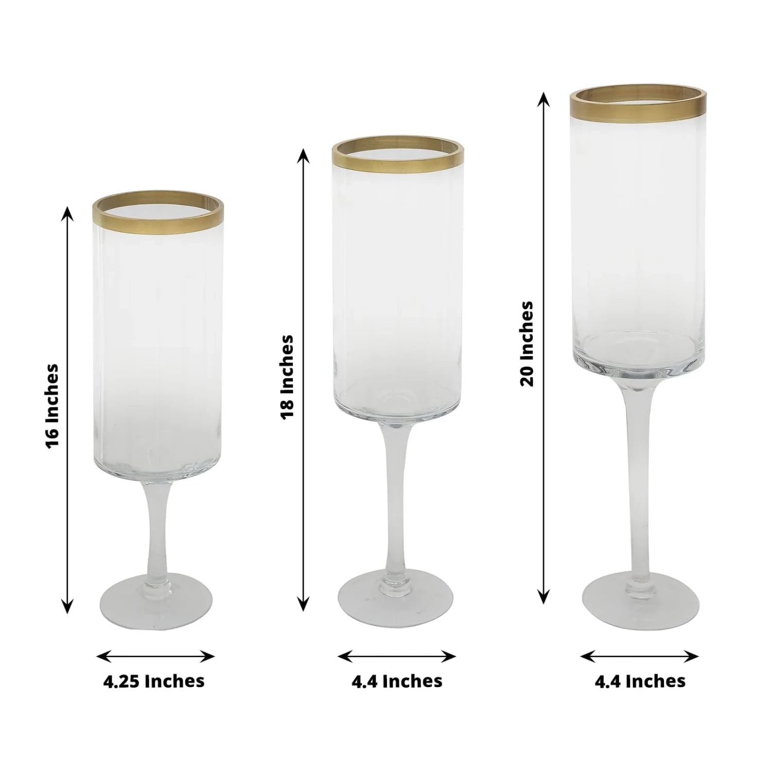 3 Clear With Gold Rim Long Stem Hurricane Glass Candle Holders - Image 2