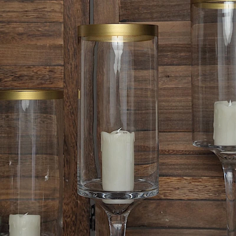 3 Clear With Gold Rim Long Stem Hurricane Glass Candle Holders - Image 10