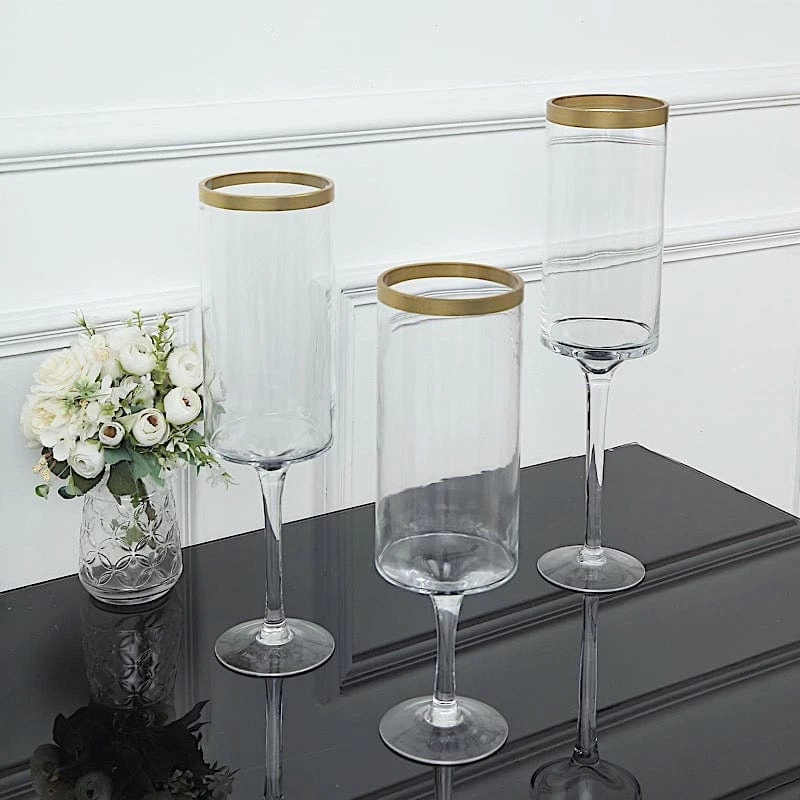 3 Clear With Gold Rim Long Stem Hurricane Glass Candle Holders - Image 8