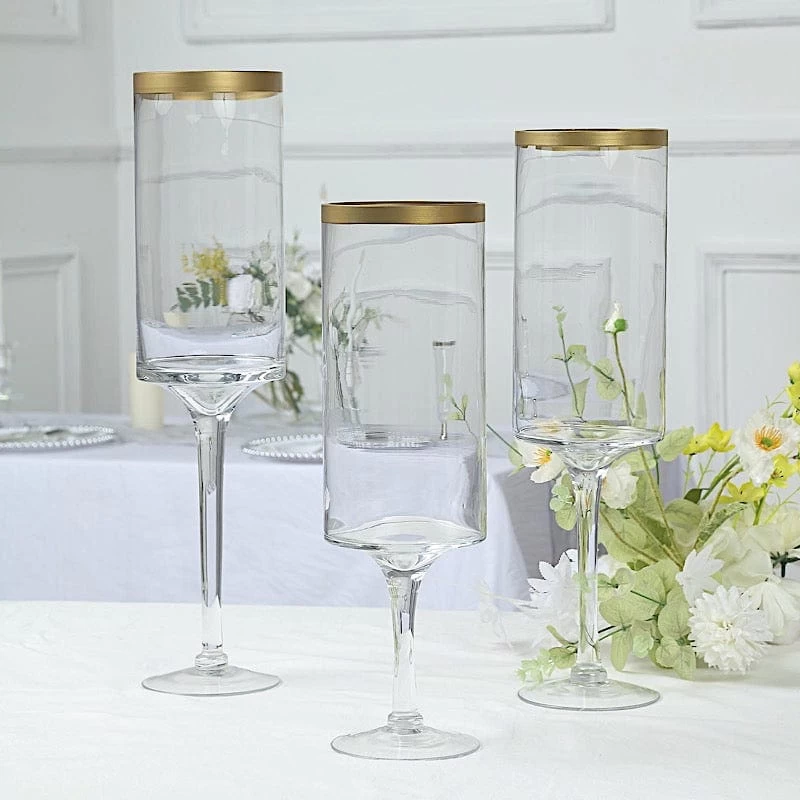 3 Clear With Gold Rim Long Stem Hurricane Glass Candle Holders - Image 6