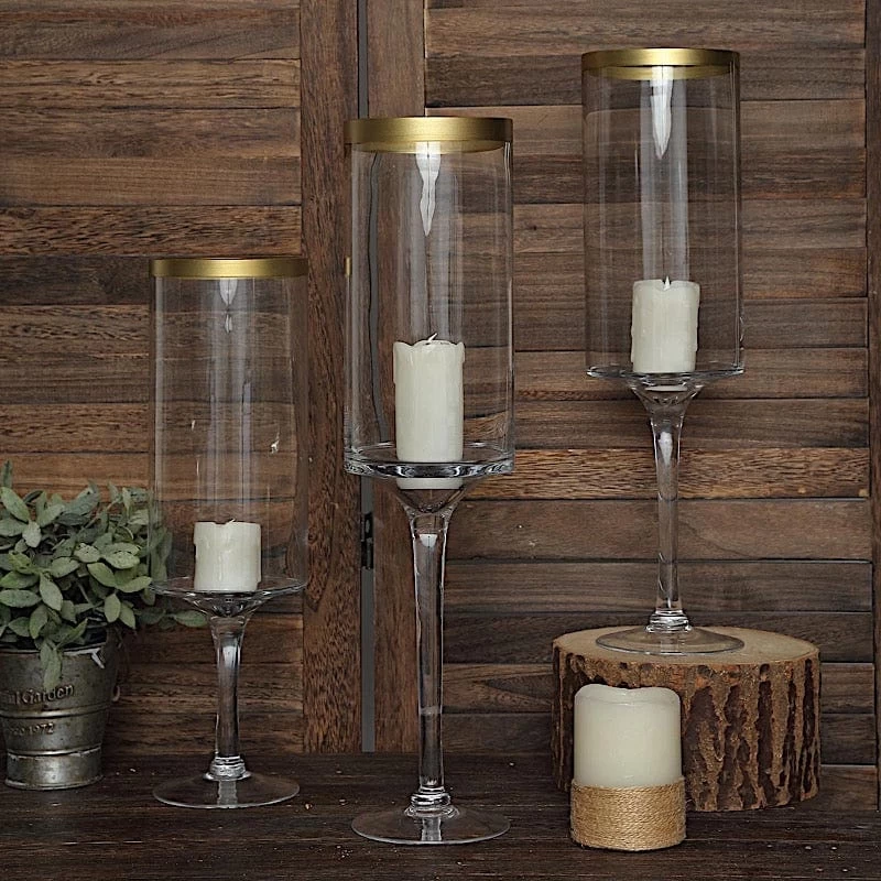 3 Clear With Gold Rim Long Stem Hurricane Glass Candle Holders - Image 9