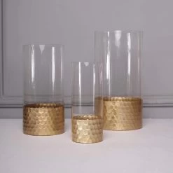 3 Pcs Clear With Gold Honeycomb Trim Glass Cylinder Vases Set