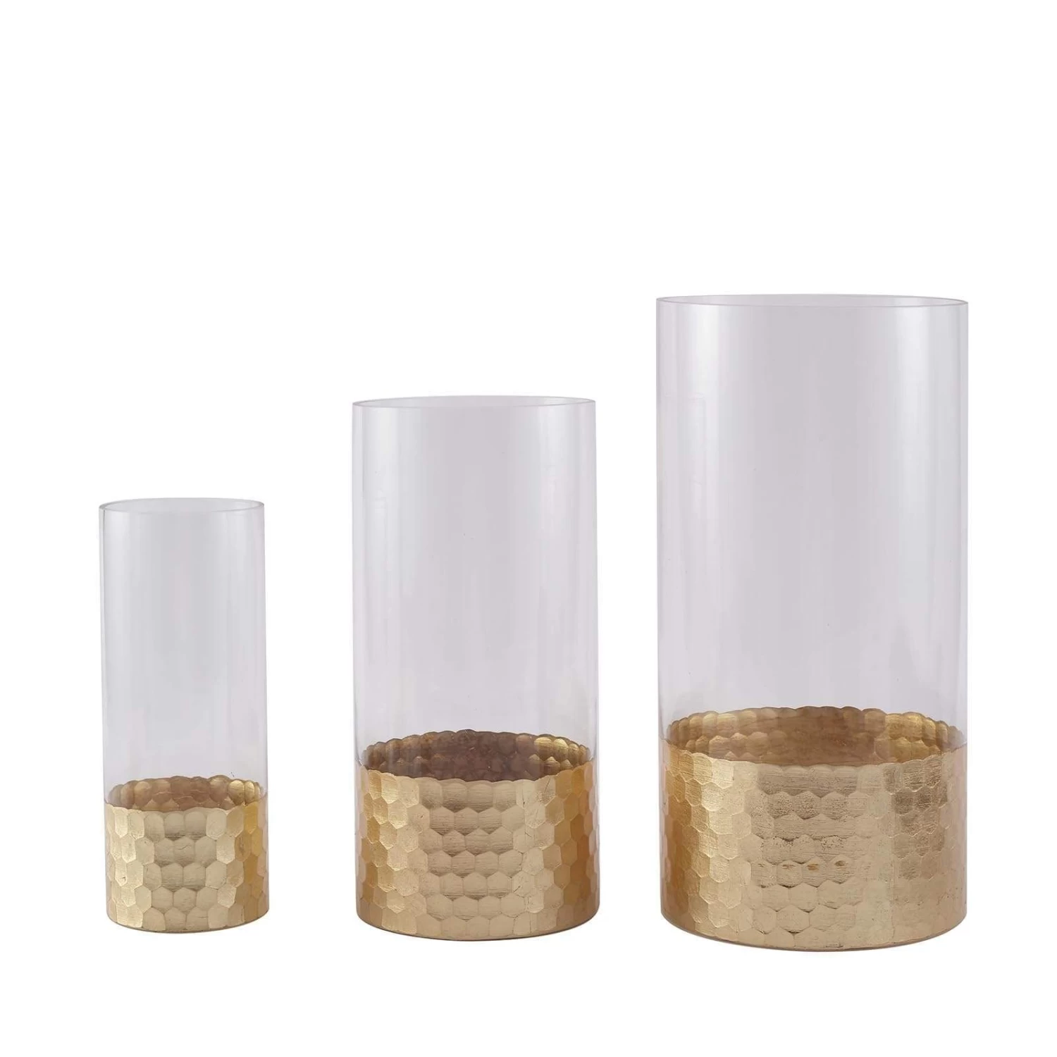 3 Pcs Clear With Gold Honeycomb Trim Glass Cylinder Vases Set - Image 3