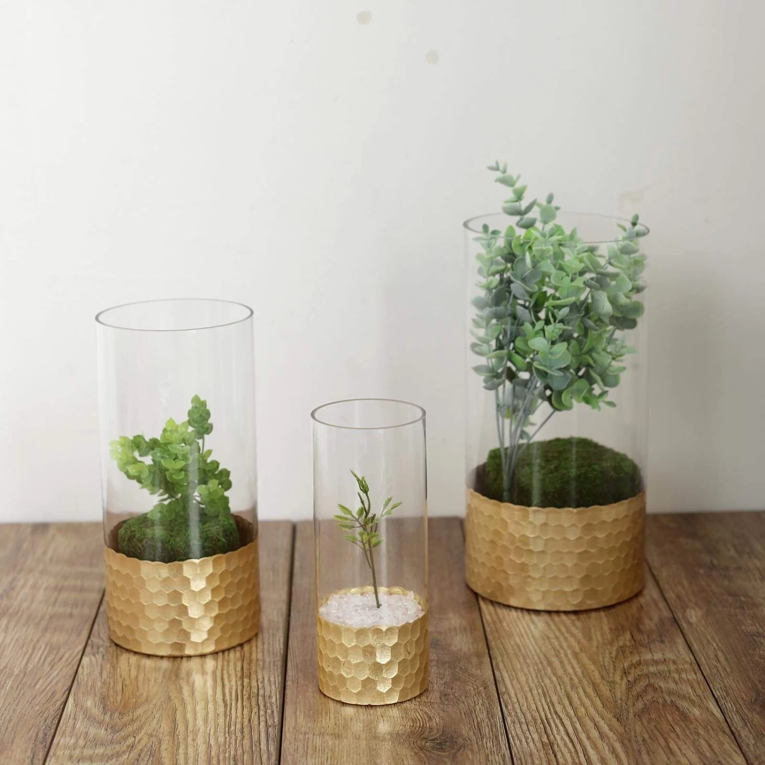 3 Pcs Clear With Gold Honeycomb Trim Glass Cylinder Vases Set - Image 6