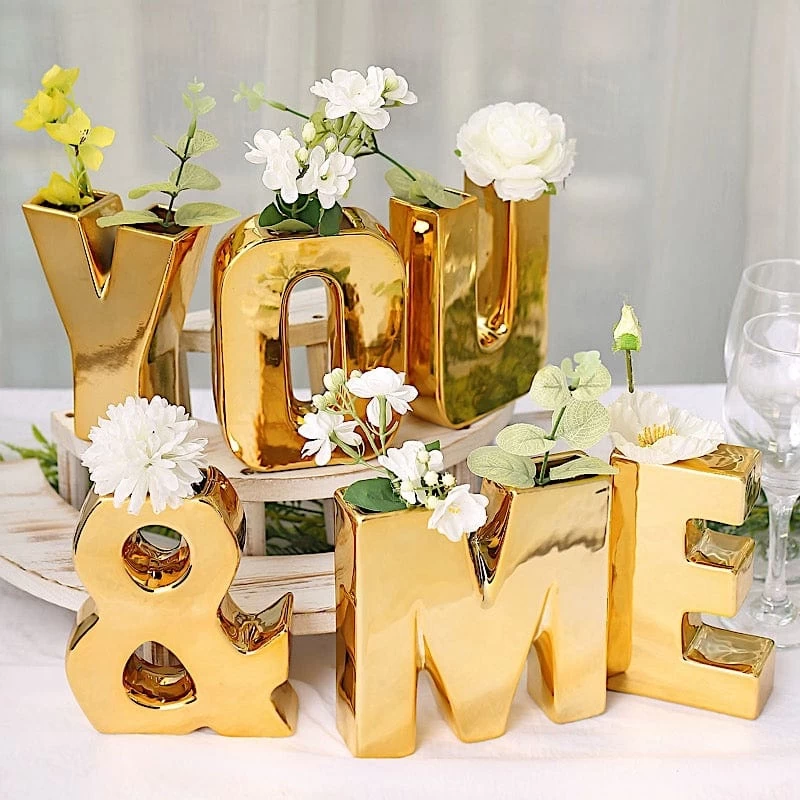 6 In Gold Metallic Letters And Symbols Ceramic Flower Vase Centerpiece - Image 13
