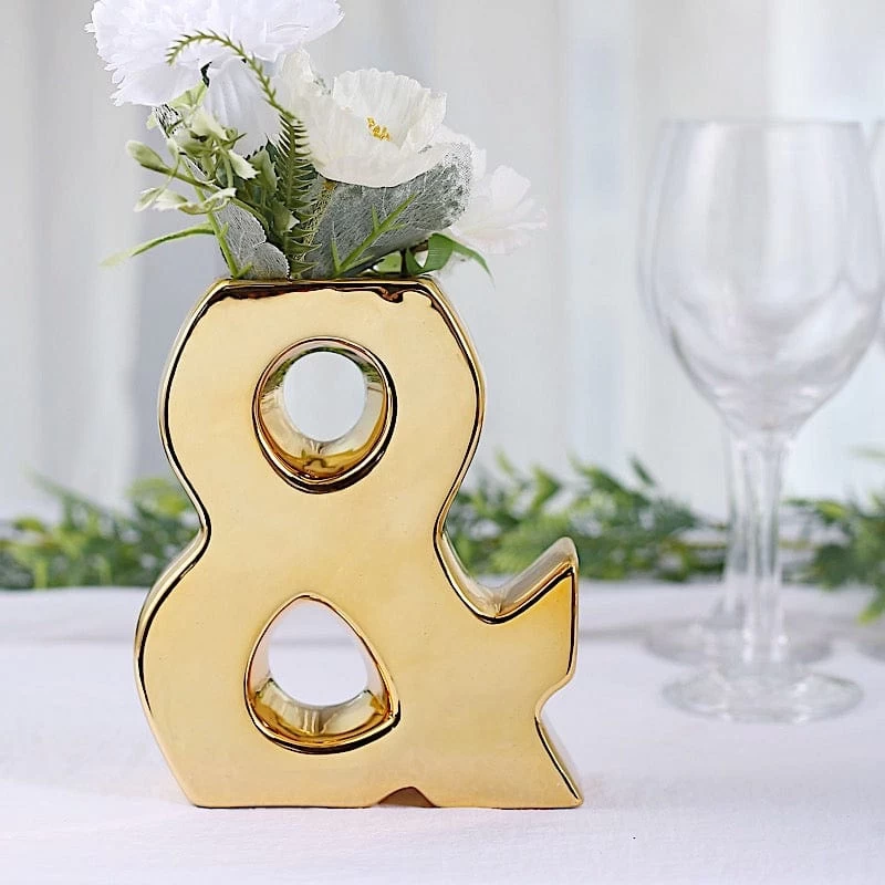 6 In Gold Metallic Letters And Symbols Ceramic Flower Vase Centerpiece