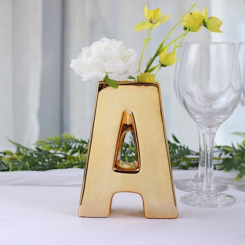 6 In Gold Metallic Letters And Symbols Ceramic Flower Vase Centerpiece - Image 7