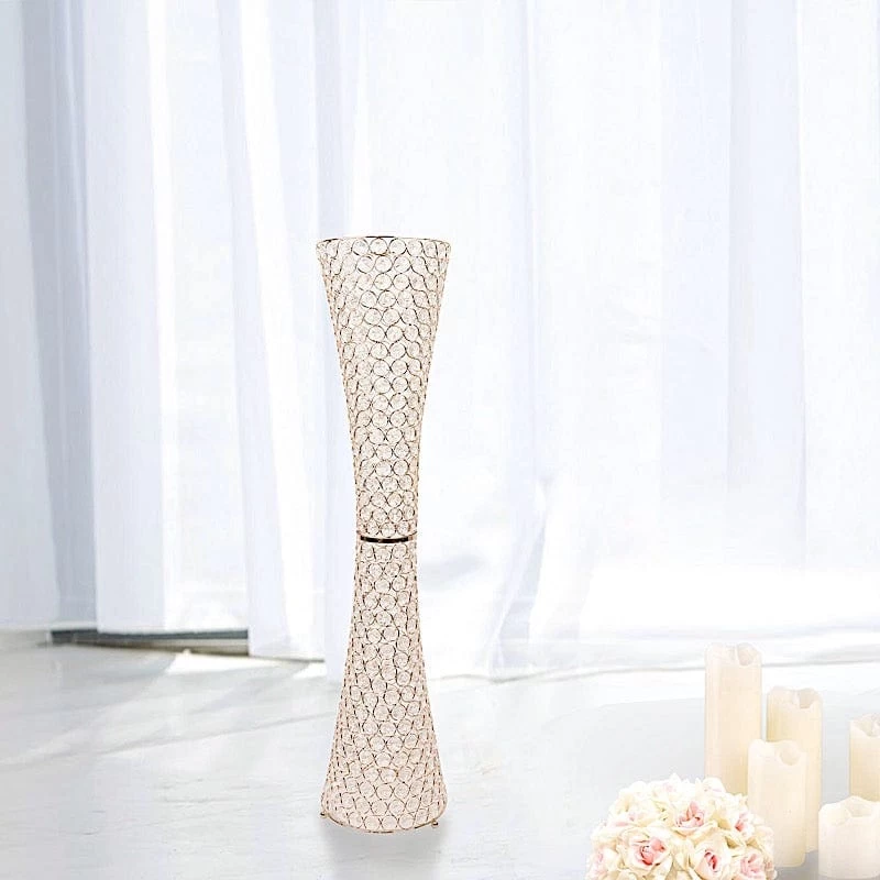 Gold 36 In Crystal Beaded Metal Hurricane Flower Vase Centerpiece