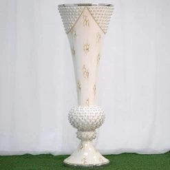 White 43 In Tall Ceramic Trumpet Floor Vase With Mirror Mosaic Trim
