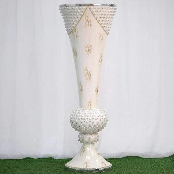 White 43 In Tall Ceramic Trumpet Floor Vase With Mirror Mosaic Trim