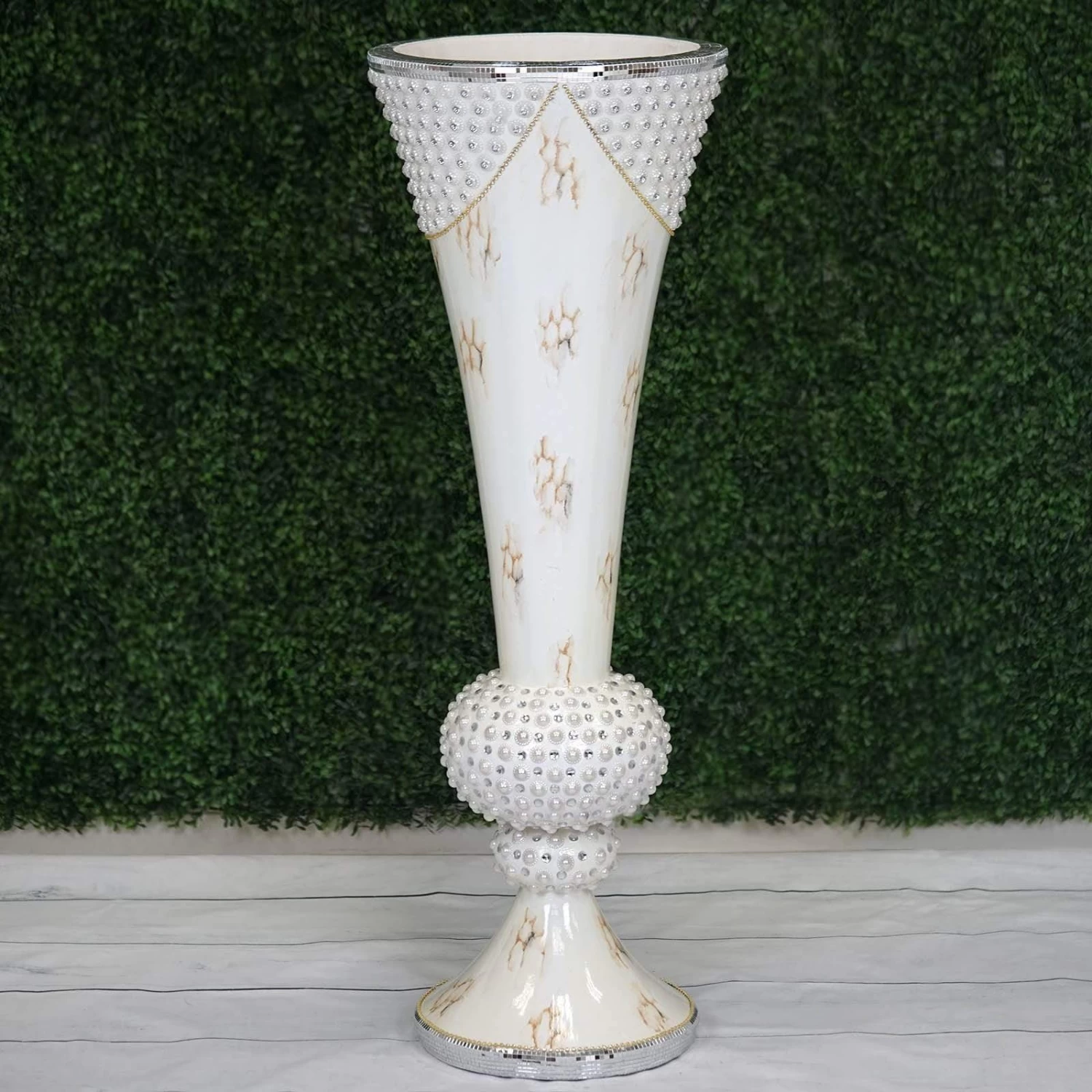 White 43 In Tall Ceramic Trumpet Floor Vase With Mirror Mosaic Trim - Image 2